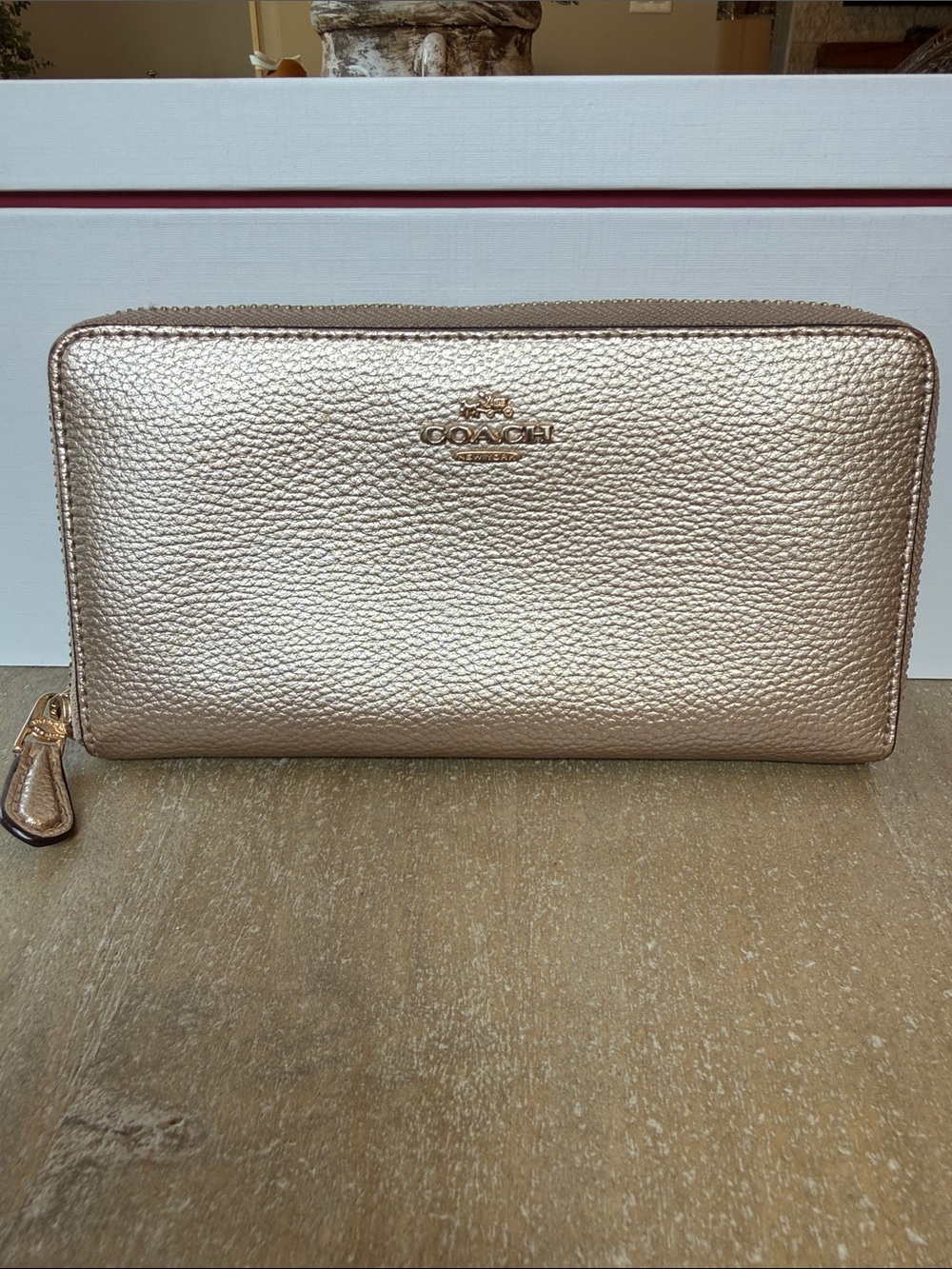 Coach Metallic Rose Gold Pebbled Leather Zip Accordian Wallet